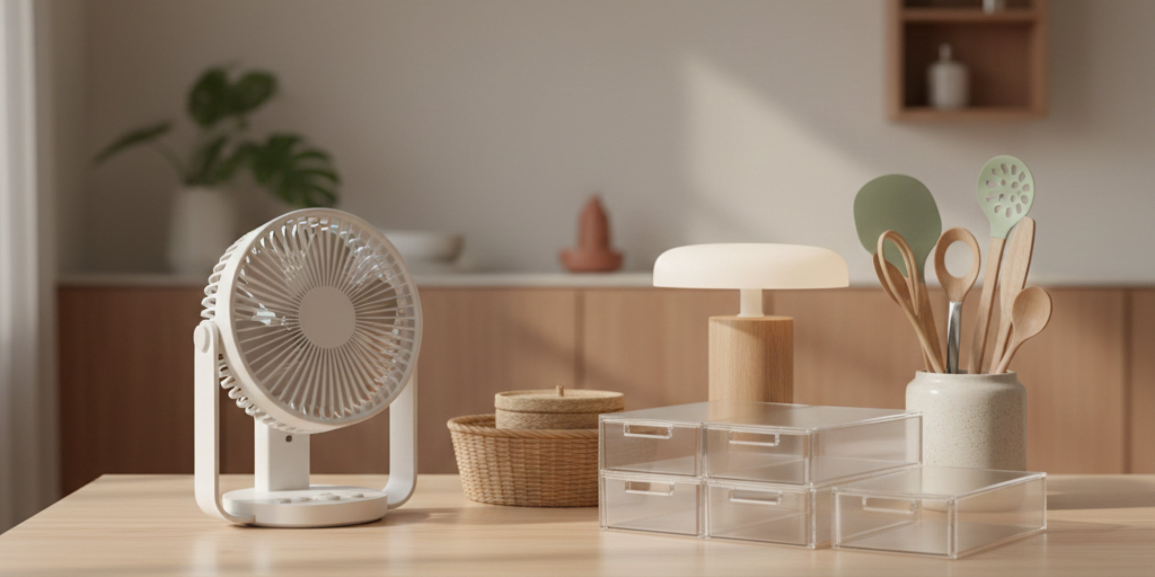 Small white fan on a wooden surface with a clear plastic drawer set and decorative items in the background.
