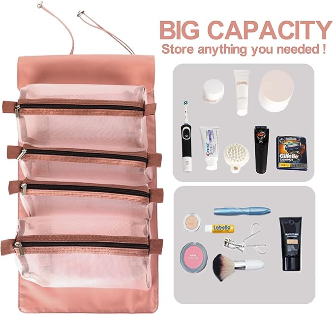 4 in 1 Folding Toiletry Hanging Roll-Up Makeup Bag (Pink)