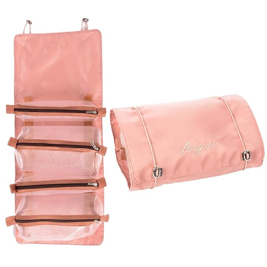 4 in 1 Folding Toiletry Hanging Roll-Up Makeup Bag (Pink)