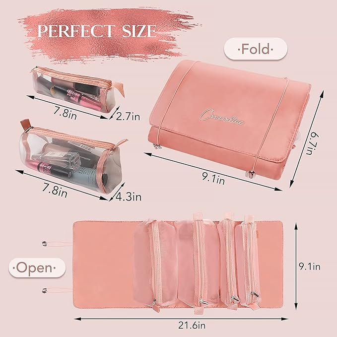 4 in 1 Folding Toiletry Hanging Roll-Up Makeup Bag (Pink)