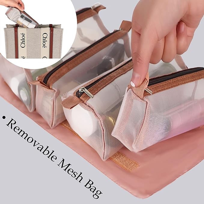 4 in 1 Folding Toiletry Hanging Roll-Up Makeup Bag (Pink)