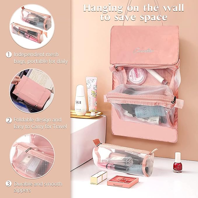 4 in 1 Folding Toiletry Hanging Roll-Up Makeup Bag (Pink)