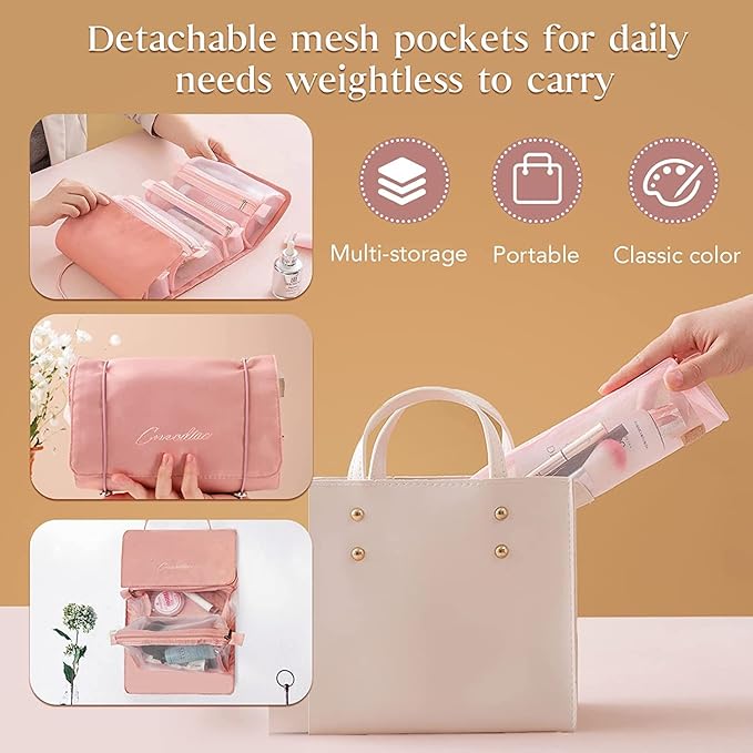 4 in 1 Folding Toiletry Hanging Roll-Up Makeup Bag (Pink)